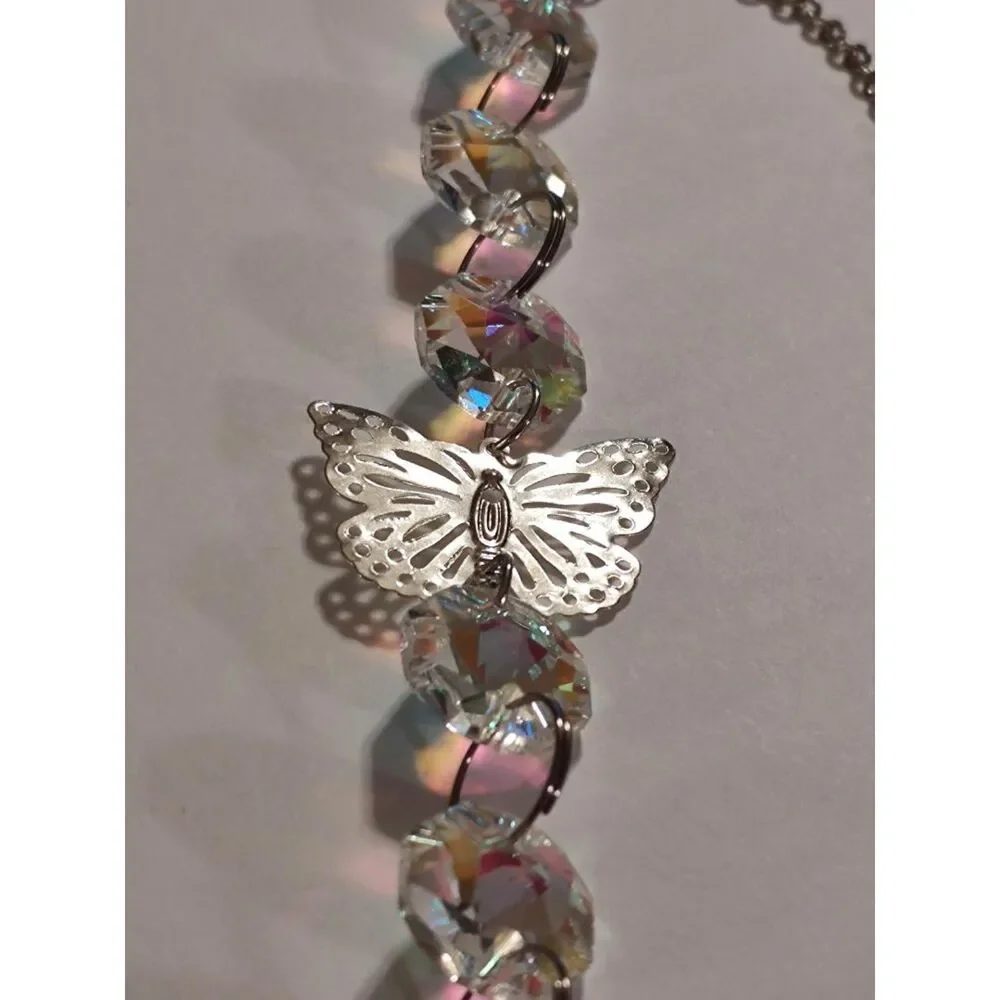 Iridescent Glass Butterfly Silver Leaf Chain Hanging Suncatcher Ornament 17